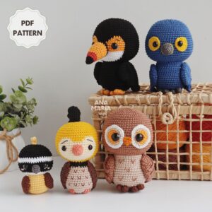 Coleção Fauna Brasileira Parte 2 - Tucano, Arara Azul, Coruja, Pica-pau e Bem-te-vi - Aves Passarinhos - Receita de Amigurumi em PDF